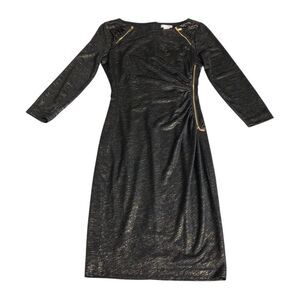 Cache Dress Womens S Black Metallic Gold Sheath Bodycon Lined Zipper Accent Chic